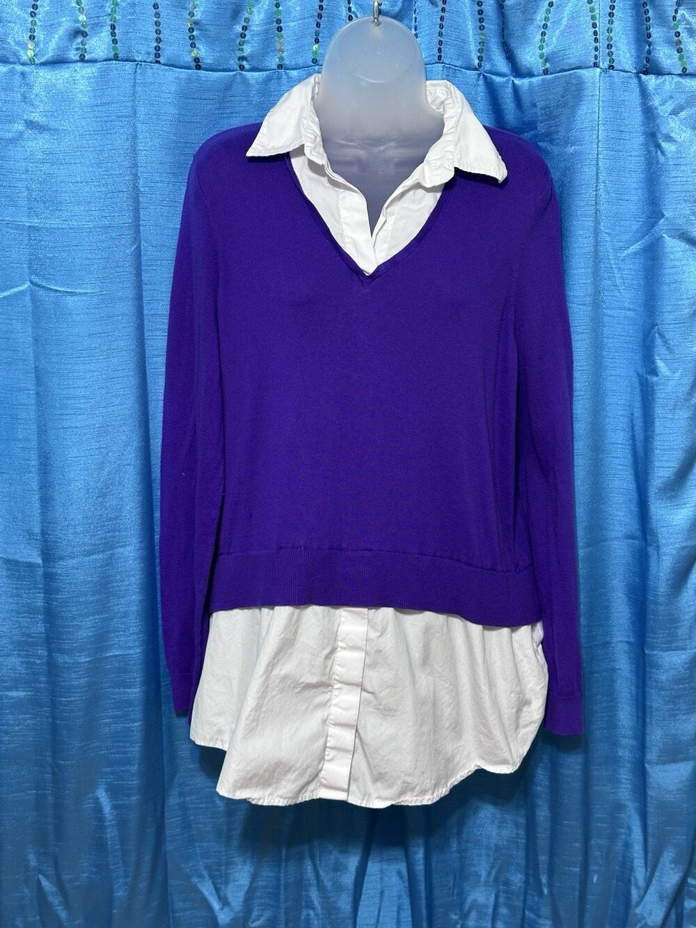 Lauren Ralph Lauren Layered Look Shirt Tail Sweater Purple/White Sz XL